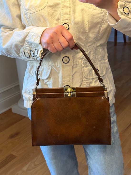 None Handbags - Vintage Mid Century Modern Brown Frame Bag Top Handle Leather Lined USA